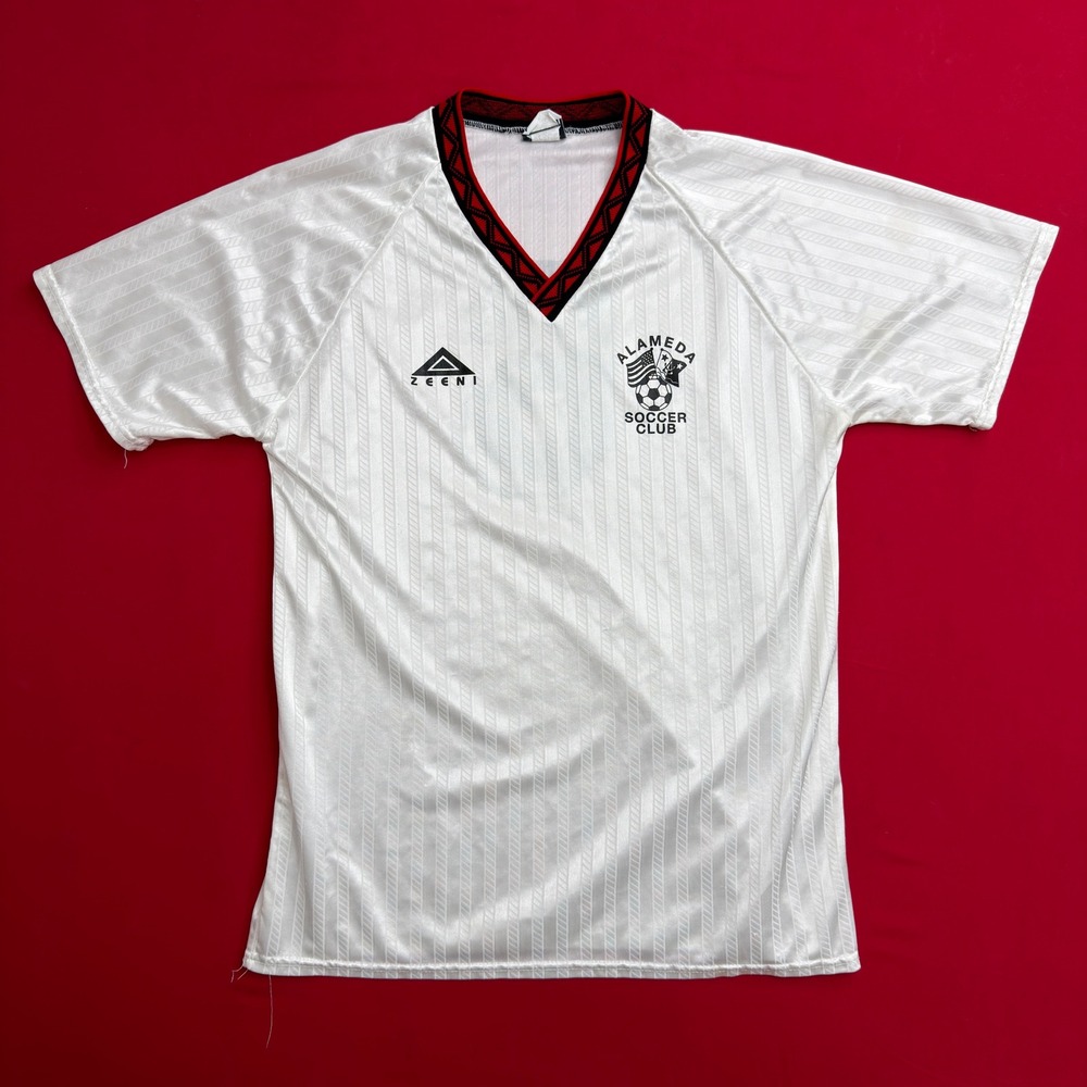Vintage Zeeni Alameda Soccer Club Jersey‎ Mens Medium White Striped no. 6 V-Neck